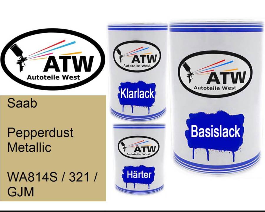 Saab, Pepperdust Metallic, WA814S / 321 / GJM: 500ml Lackdose + 500ml Klarlack + 250ml Härter - Set, von ATW Autoteile West.